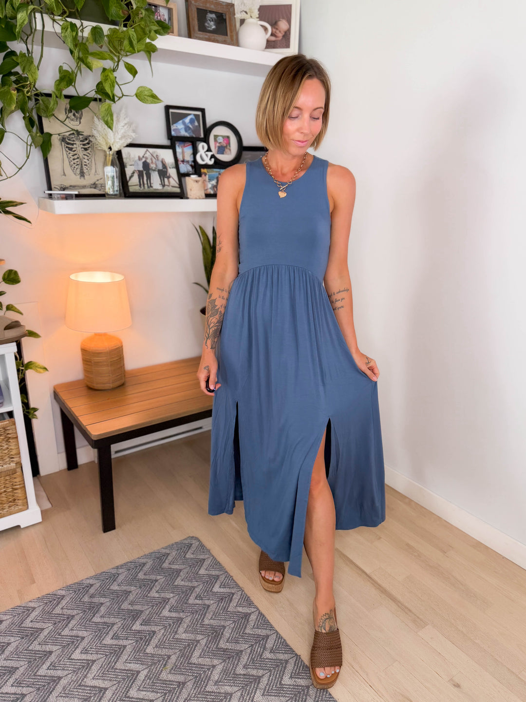 Beverly Side Slit Midi Dress- SLATE