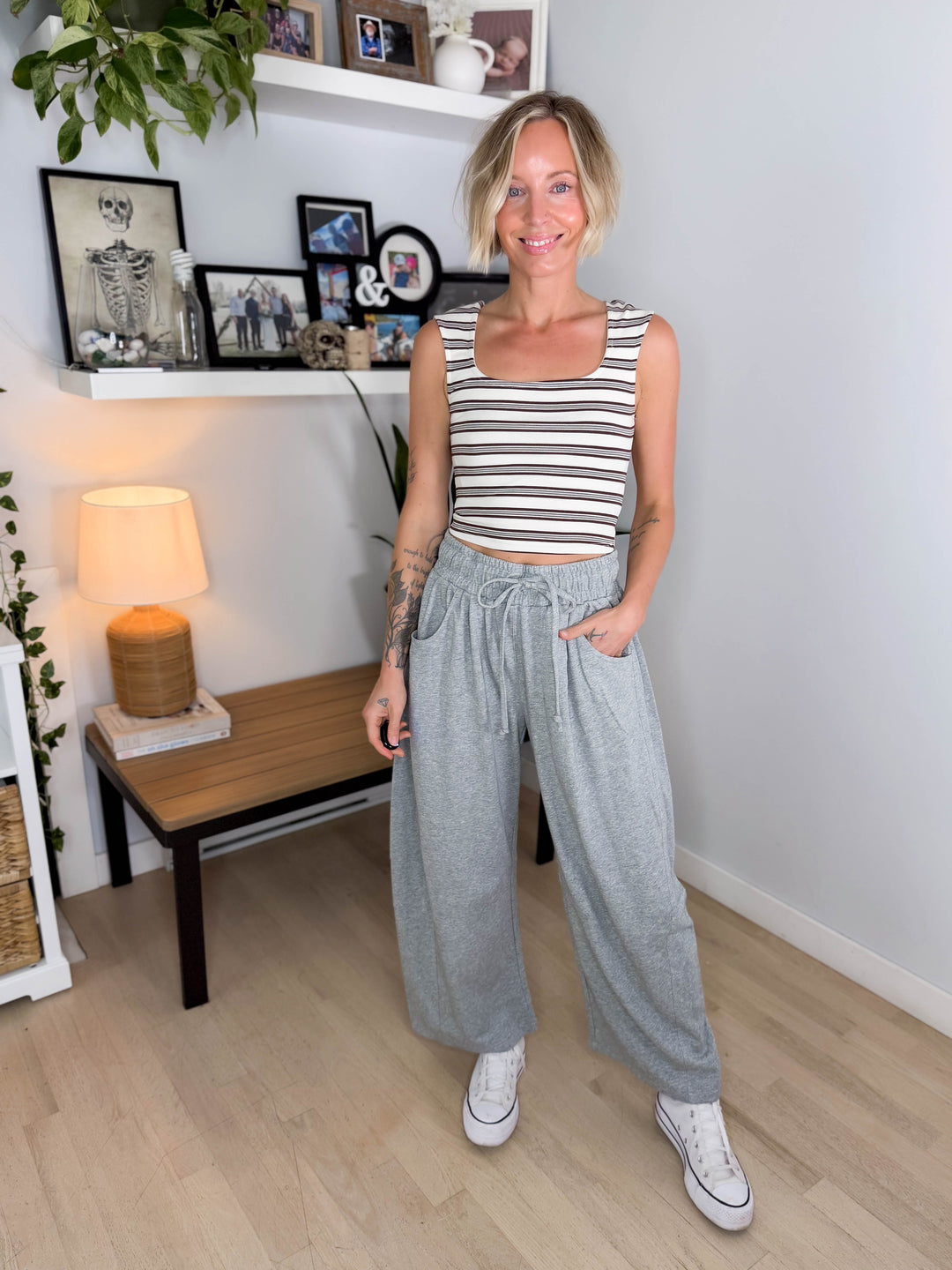 Oakes Cotton Terry Barrel Pant- DARK GREY