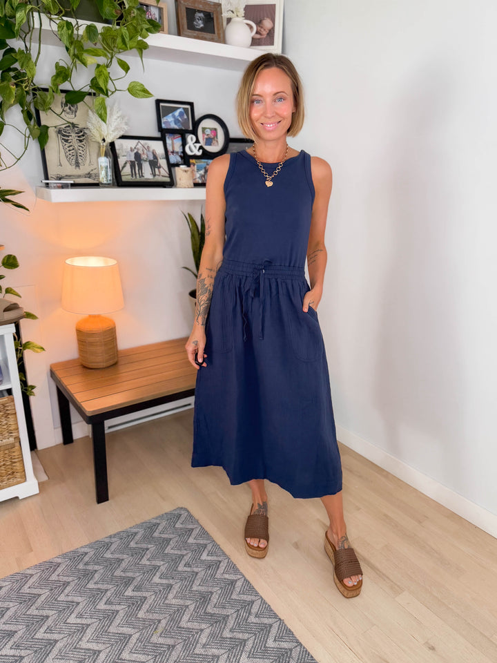 Ocean Bloom Cotton Tank Dress- NAVY