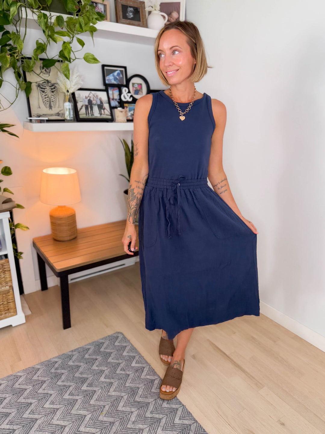 Ocean Bloom Cotton Tank Dress- NAVY