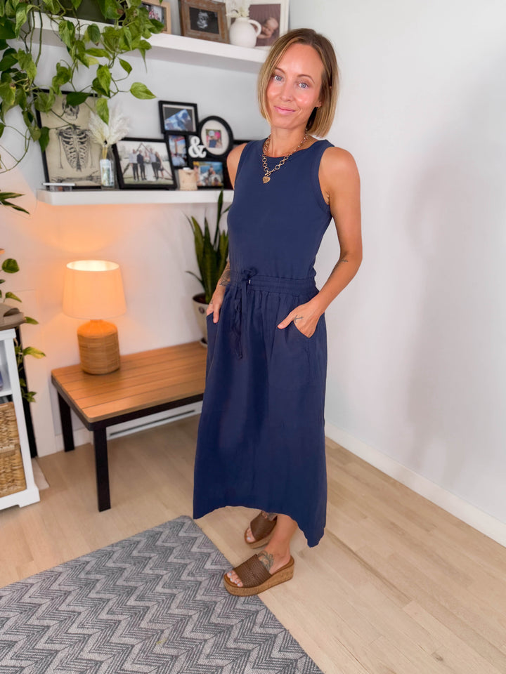 Ocean Bloom Cotton Tank Dress- NAVY