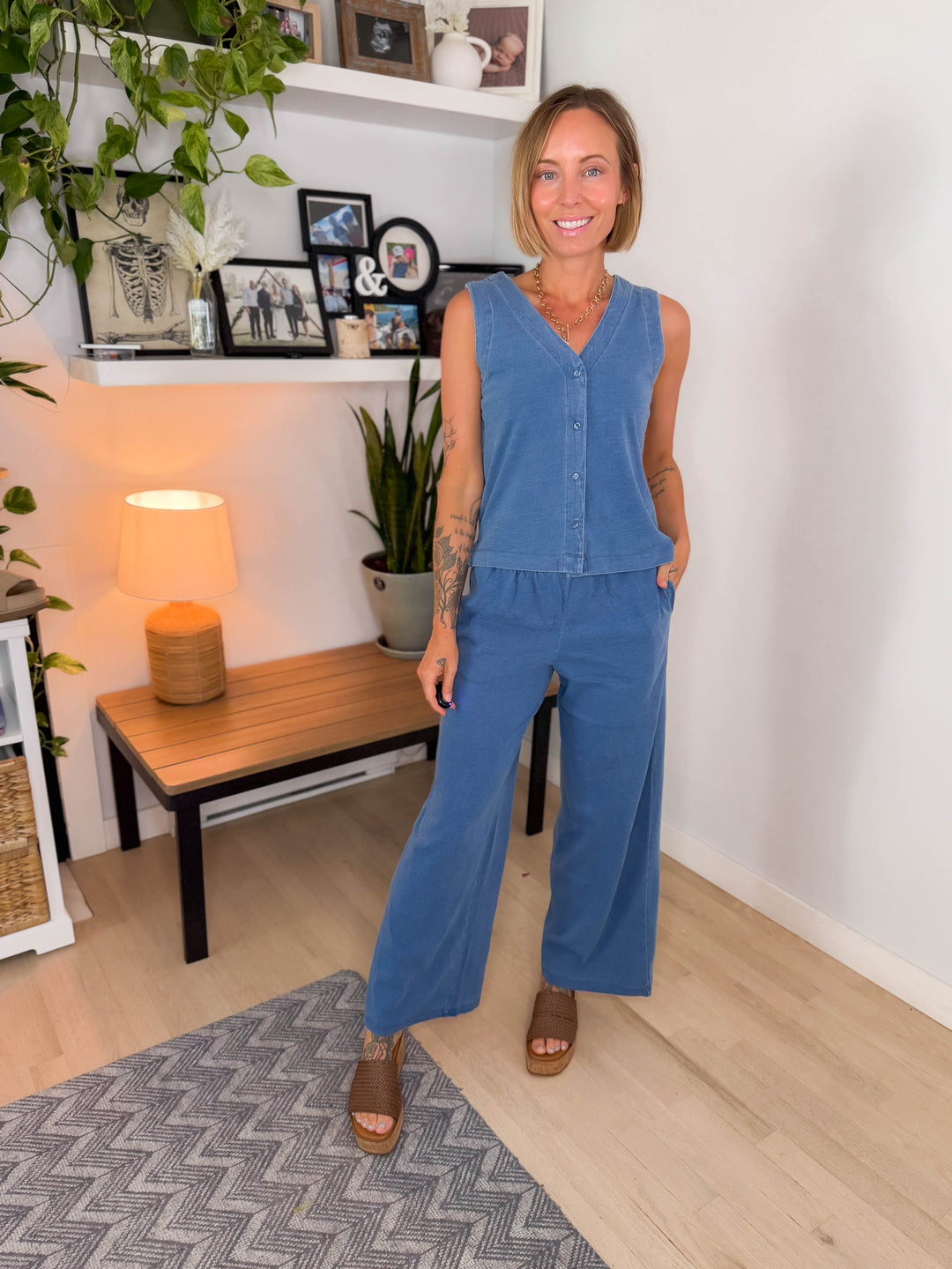 Tara Wide Leg Pants & Vest Top Cotton Set- DARK DENIM