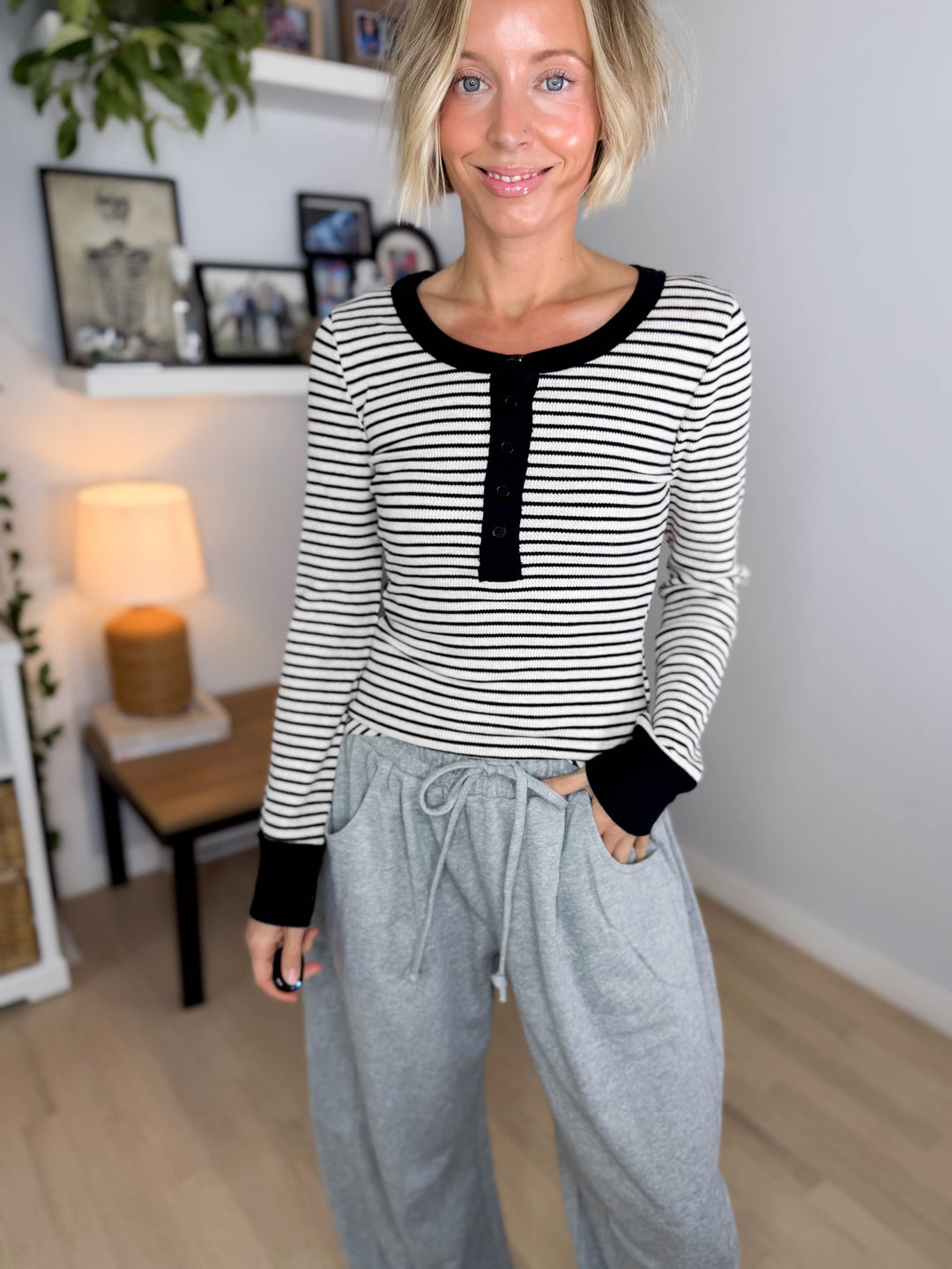 Aurora Waffle Henley Long Sleeve- BLACK/OATMEAL