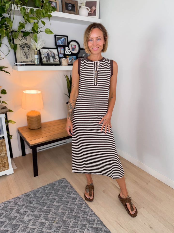 Georgie Stripe Henley Midi Dress- BROWN