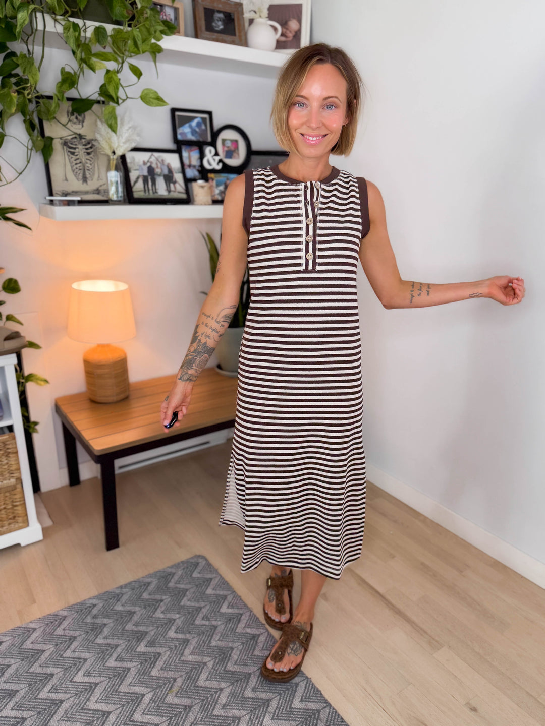 Georgie Stripe Henley Midi Dress- BROWN