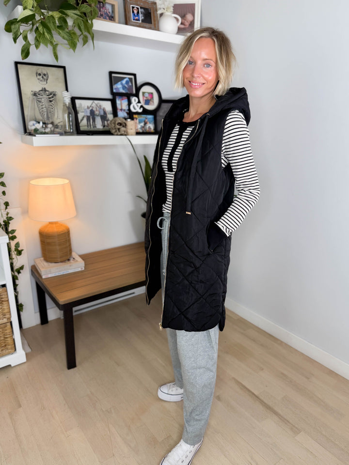 Gloria Quilted Long Puffer Hooded Vest- BLACK