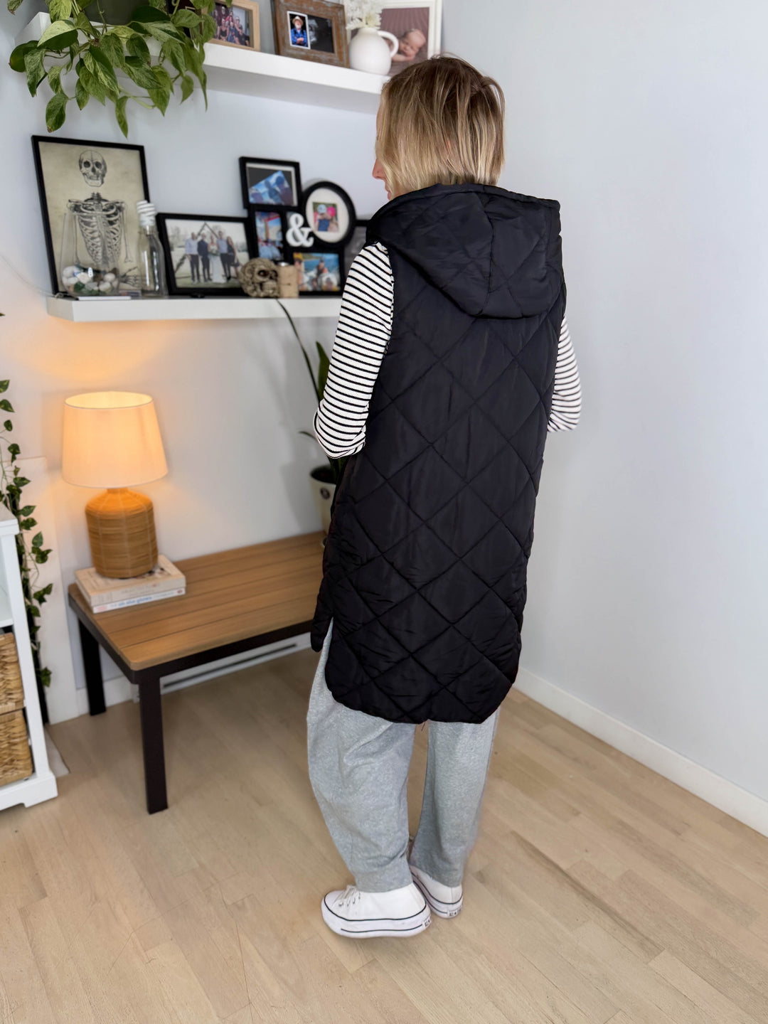 Gloria Quilted Long Puffer Hooded Vest- BLACK