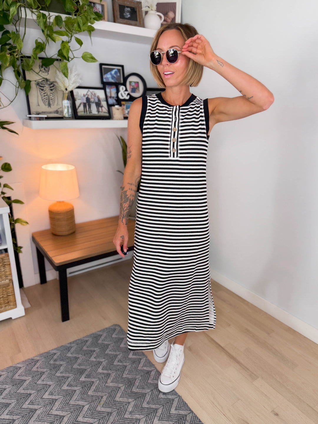 Georgie Stripe Henley Midi Dress- BLACK