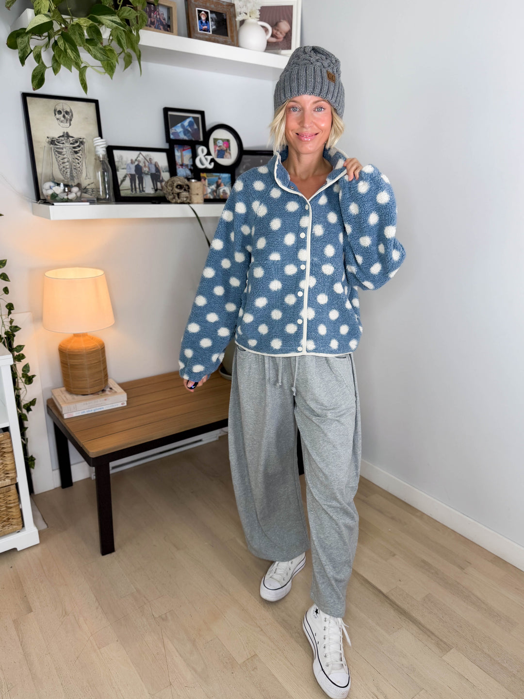 Karen Polka Dot Fleece Jacket- BLUE/IVORY
