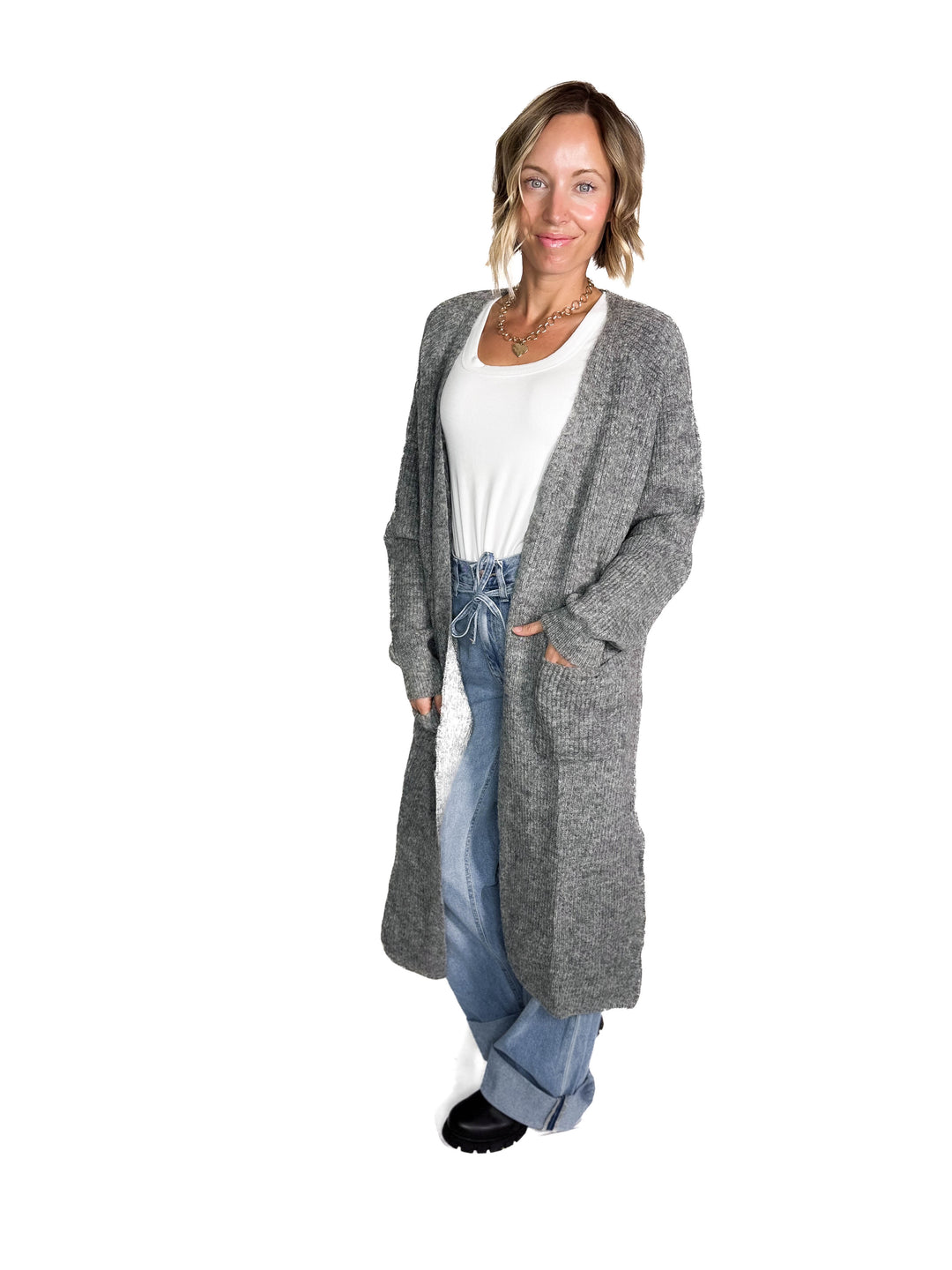 Alisa Longline Open Front Cardigan- CHARCOAL