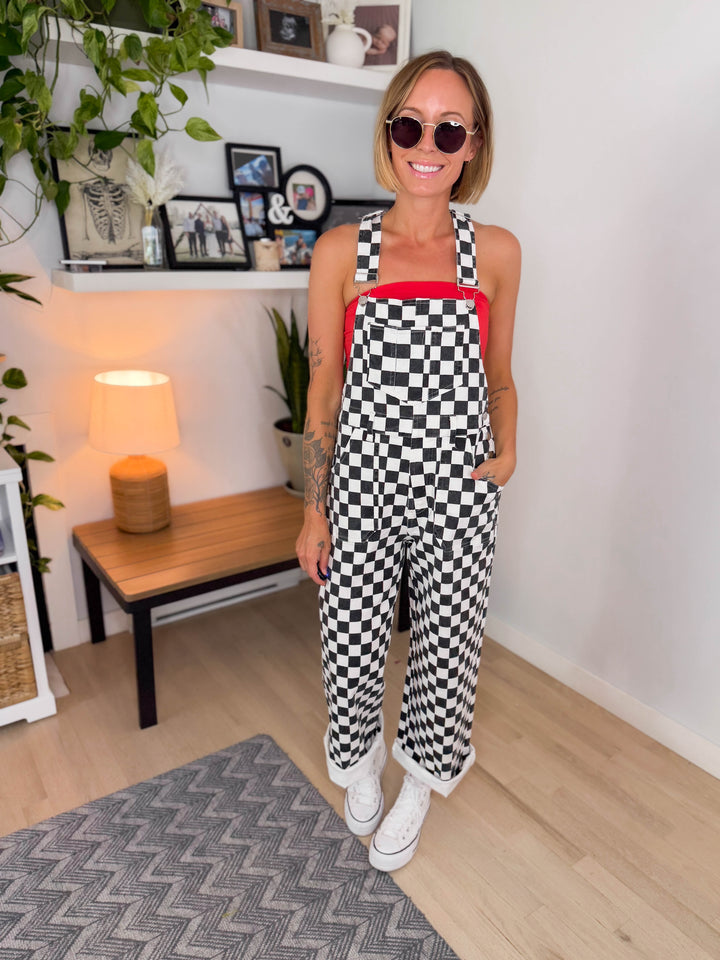 Game Day Checkered Overalls- BLACK