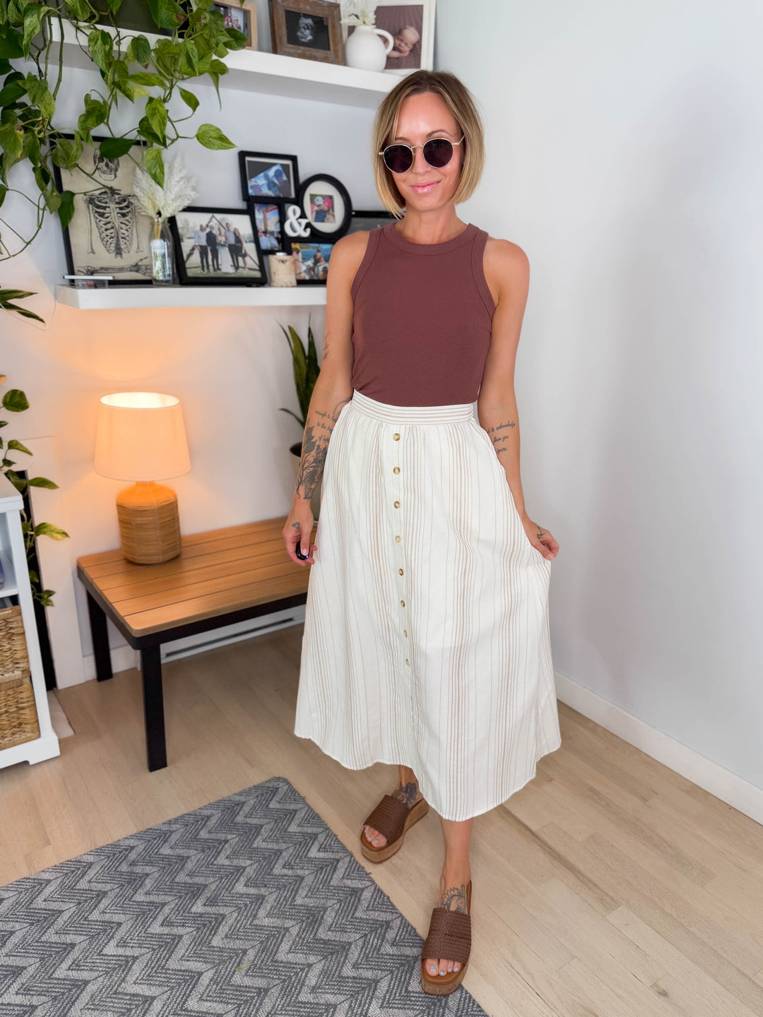 Luau Stripe Button Skirt- KHAKI