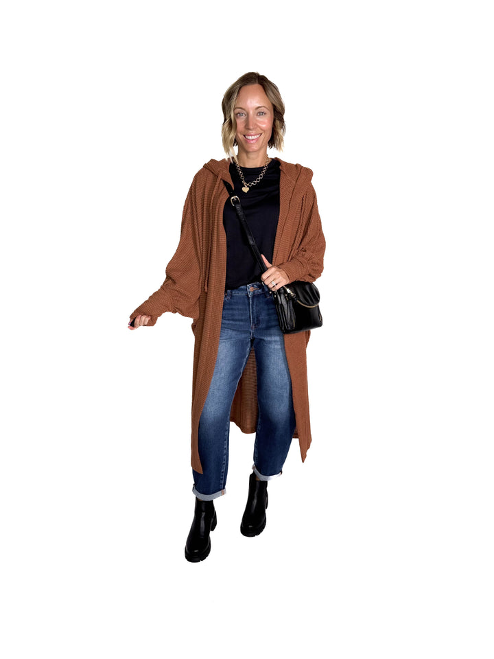 Myah Waffle Duster Cardigan- CHESTNUT