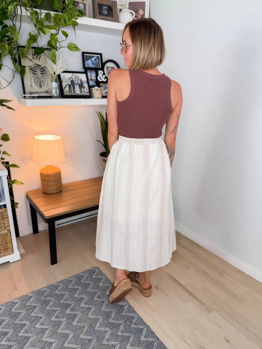 Luau Stripe Button Skirt- KHAKI