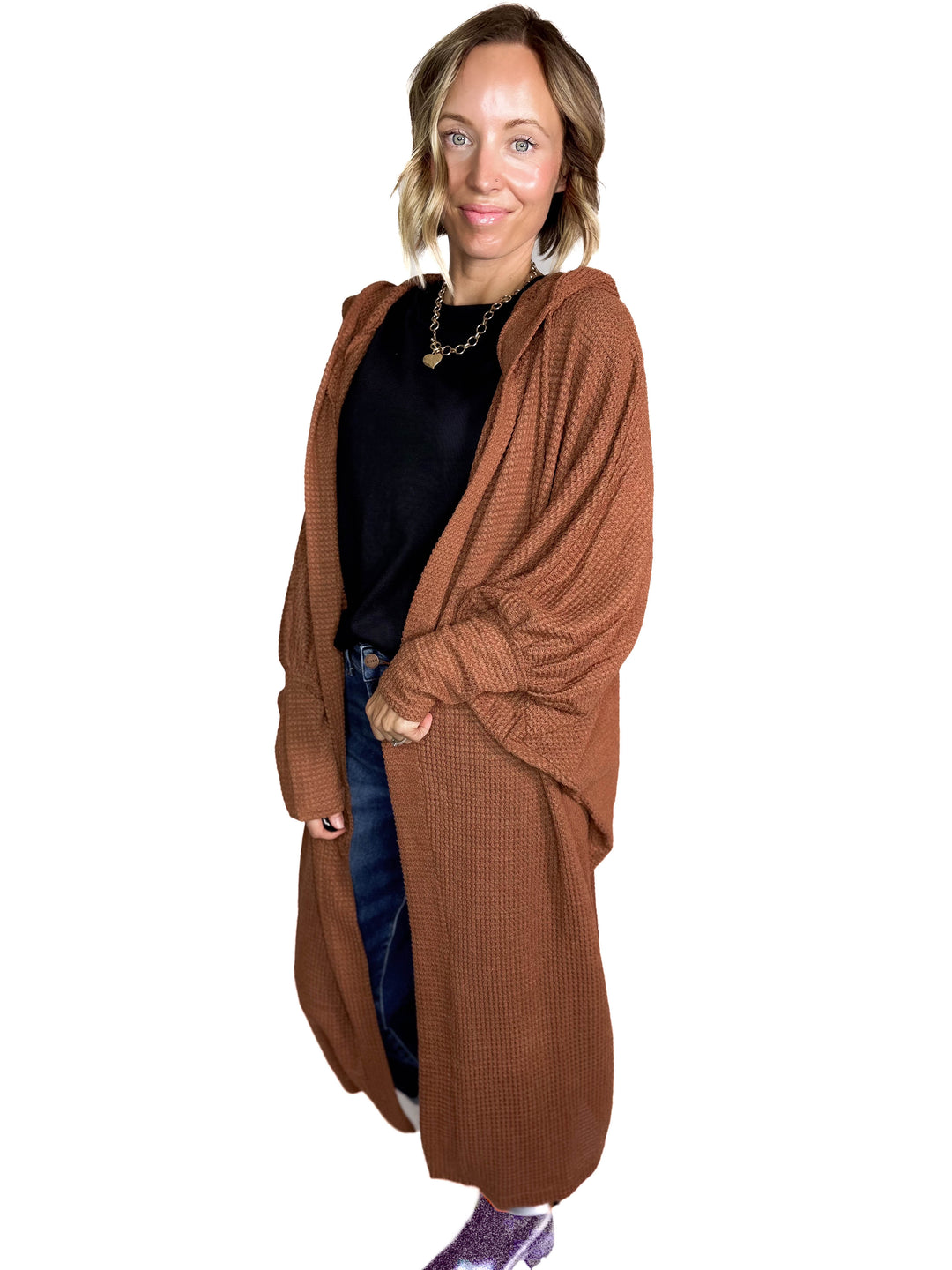 Myah Waffle Duster Cardigan- CHESTNUT