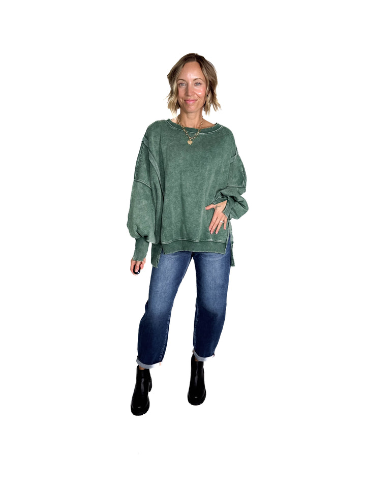 Mellow Acid Wash Fleece Sweatshirt- DARK GREEN