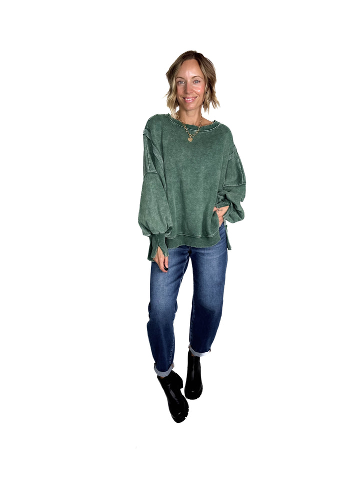 Mellow Acid Wash Fleece Sweatshirt- DARK GREEN