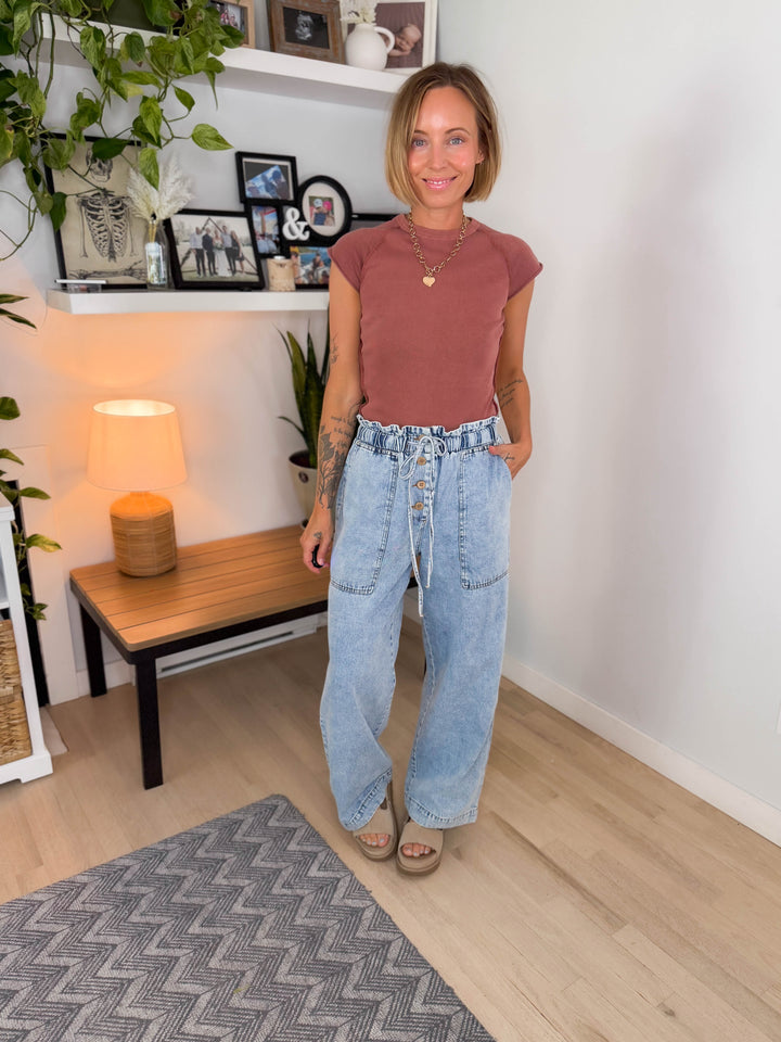Lexton Exposed Seam Cotton Top- Terracotta