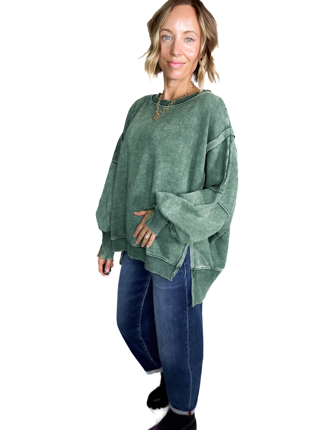 Mellow Acid Wash Fleece Sweatshirt- DARK GREEN