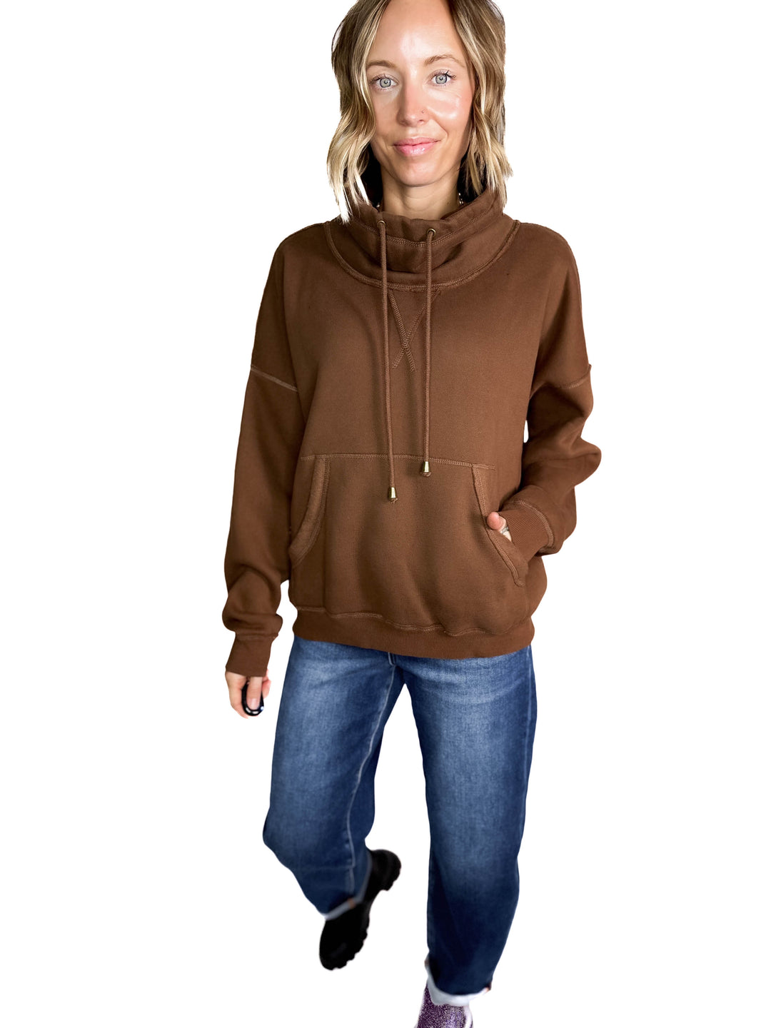 Flow Cowl Neck Fleece Pullover- MOCHA