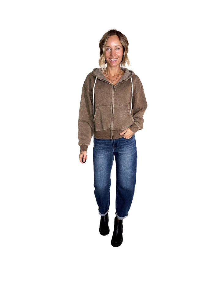 Muse Acid Wash Fleece Zip Up Hoodie- MOCHA