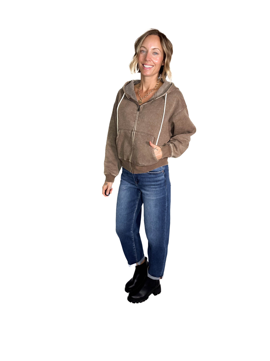 Muse Acid Wash Fleece Zip Up Hoodie- MOCHA