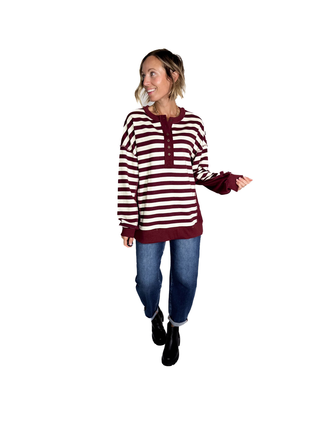 Brook 1/2 Button Pullover- BURGUNDY/CREAM-FINAL SALE *L*
