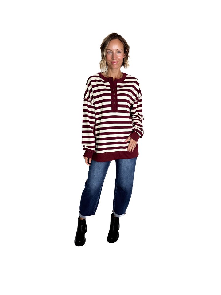 Brook 1/2 Button Pullover- BURGUNDY/CREAM-FINAL SALE *L*