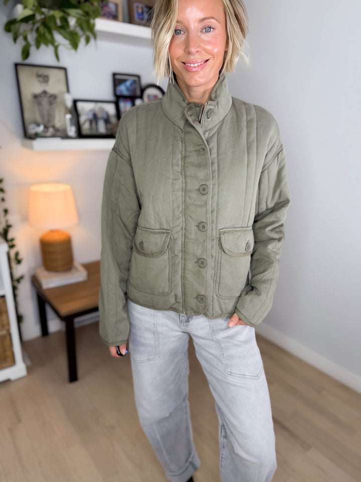 Baylor Mineral Washed Quilted Jacket- SAGE