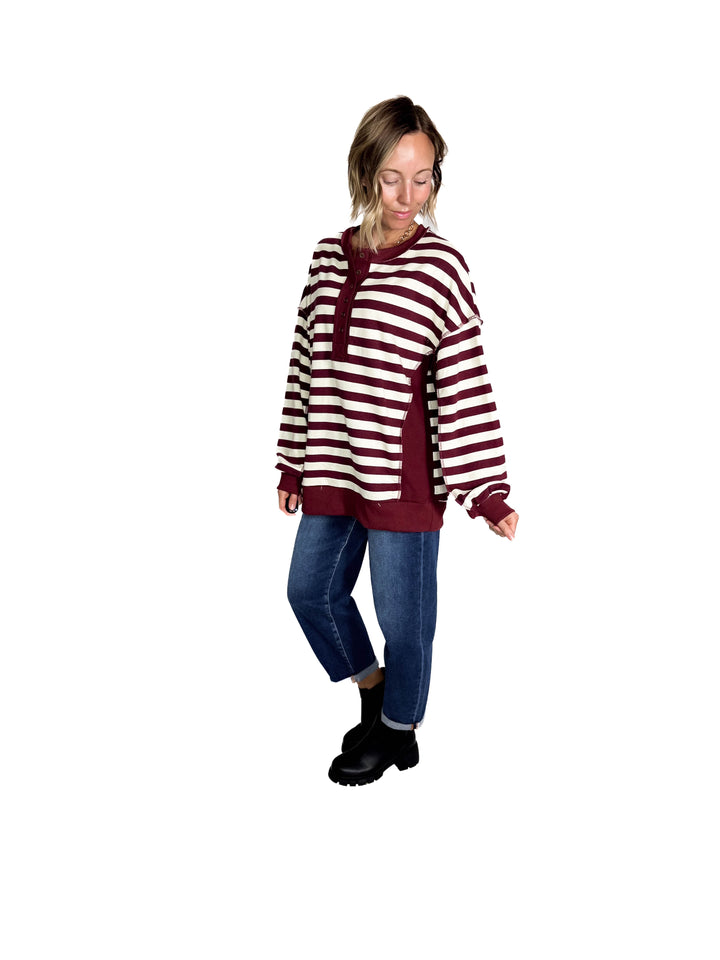 Brook 1/2 Button Pullover- BURGUNDY/CREAM-FINAL SALE *L*