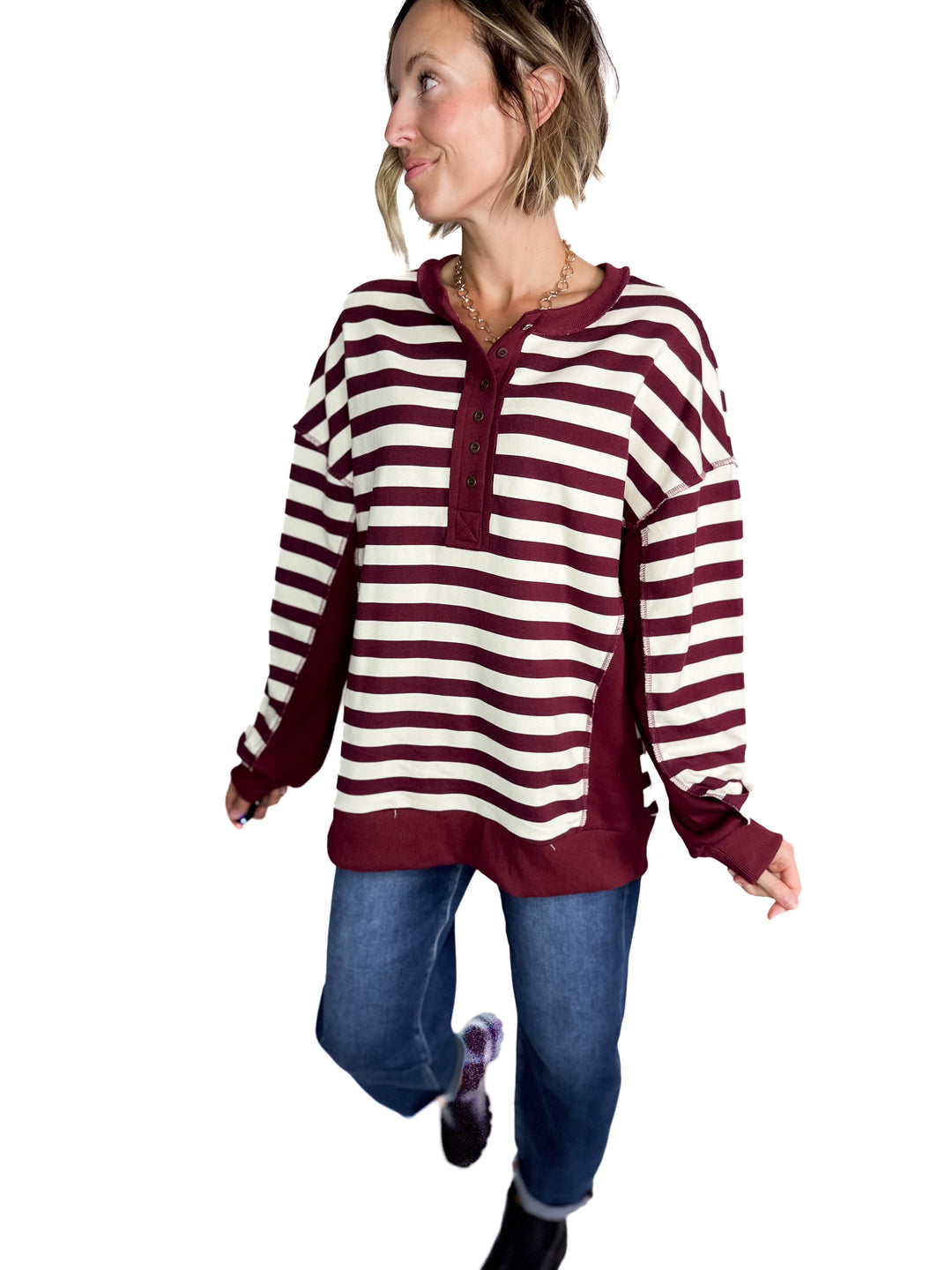 Brook 1/2 Button Pullover- BURGUNDY/CREAM-FINAL SALE *L*