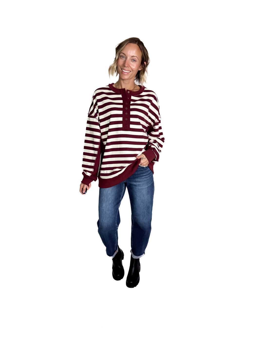 Brook 1/2 Button Pullover- BURGUNDY/CREAM-FINAL SALE *L*