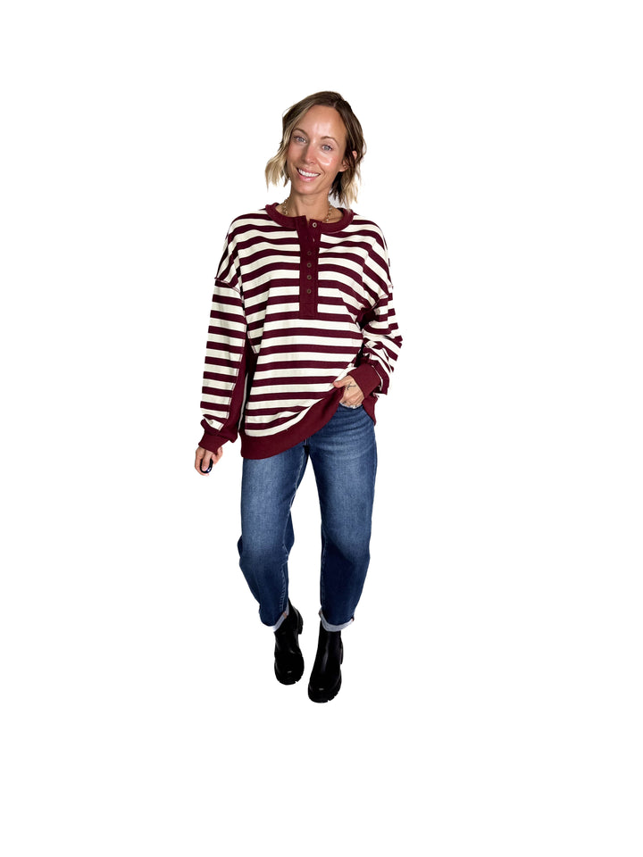 Brook 1/2 Button Pullover- BURGUNDY/CREAM-FINAL SALE *L*