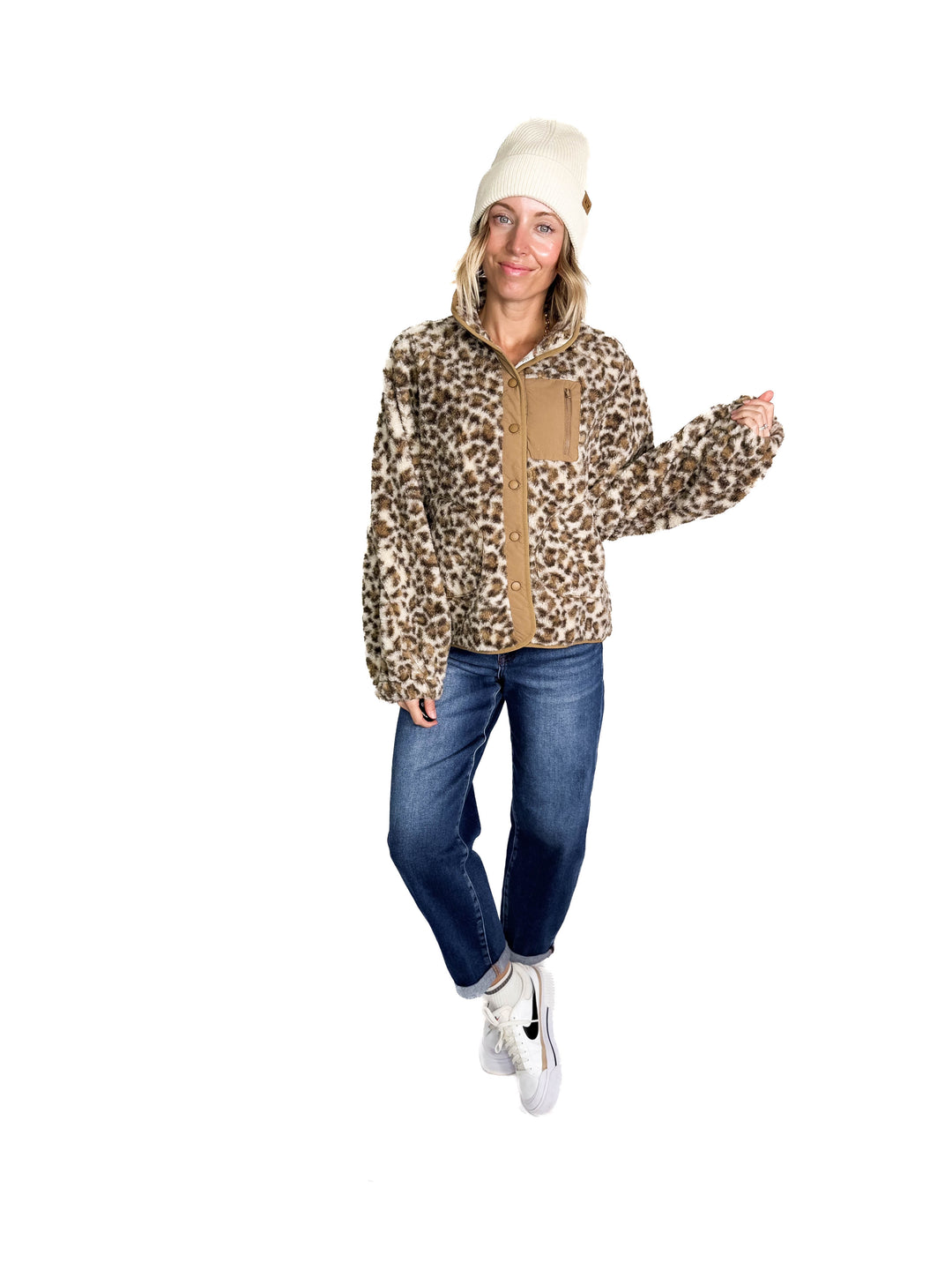 Britney Snap Button Sherpa Jacket- CREAM/LEOPARD