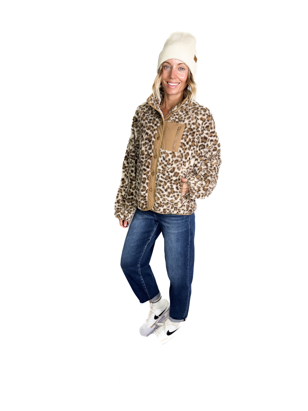Britney Snap Button Sherpa Jacket- CREAM/LEOPARD