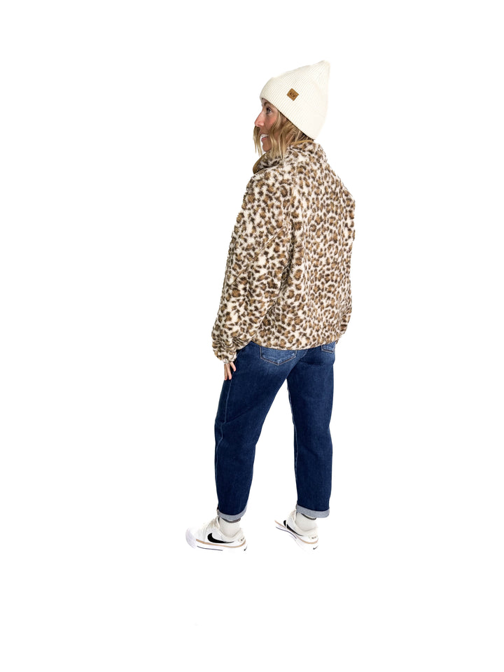 Britney Snap Button Sherpa Jacket- CREAM/LEOPARD