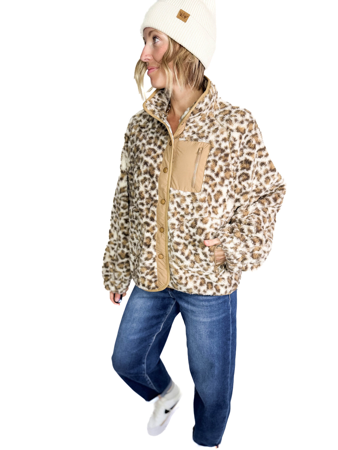 Britney Snap Button Sherpa Jacket- CREAM/LEOPARD