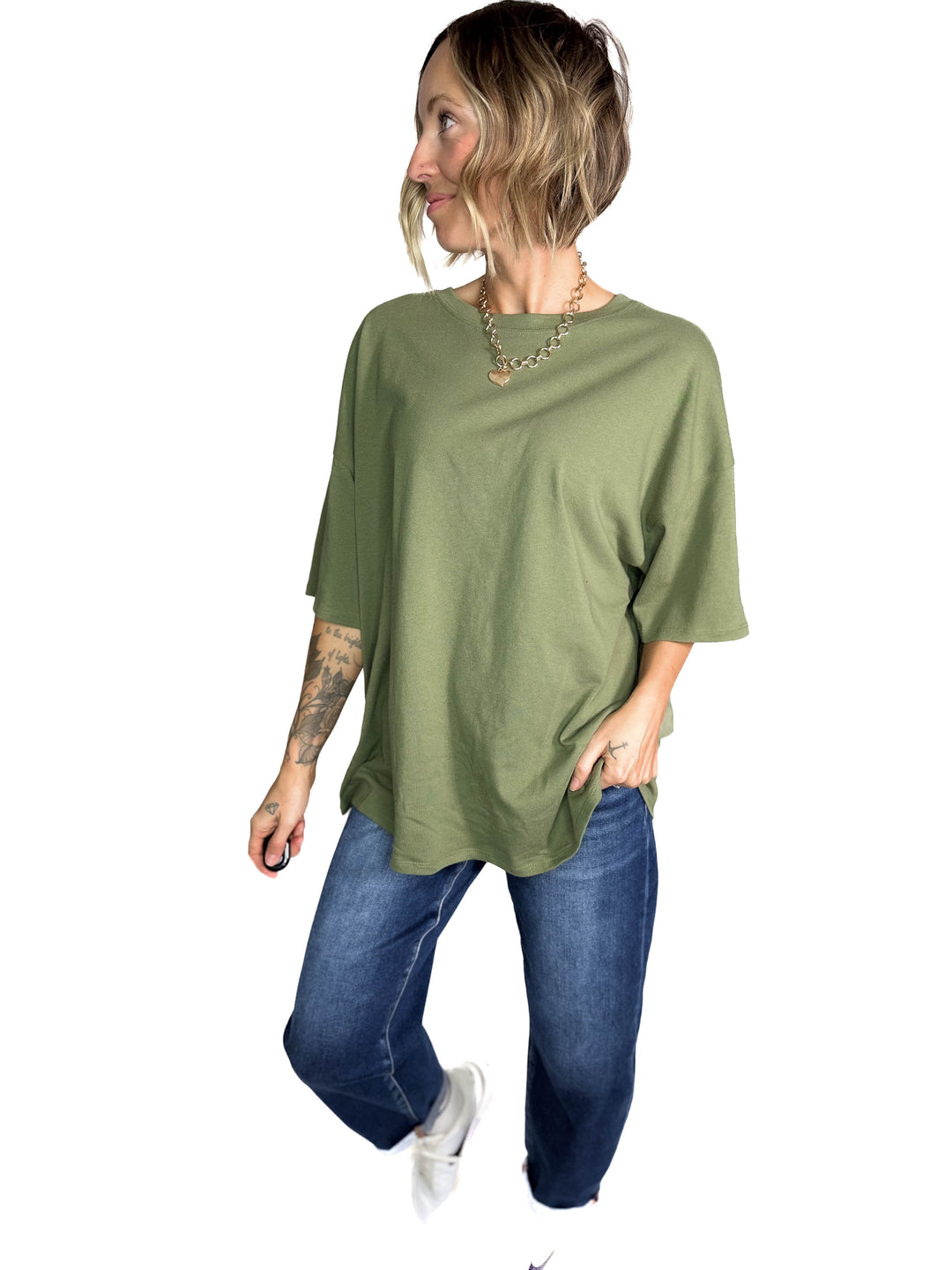 Lila Oversized Cotton Tunic Tee- LIGHT OLIVE