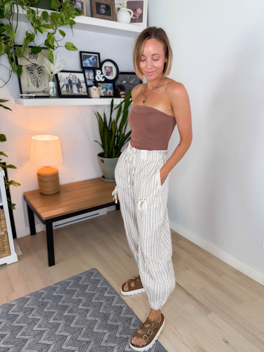 Paradise Palm Linen Blend Harem Jogger- OATMEAL