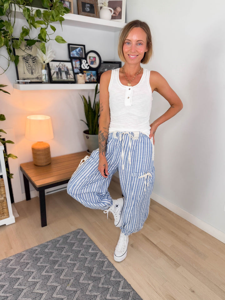 Paradise Palm Linen Blend Harem Jogger- COASTAL BLUE