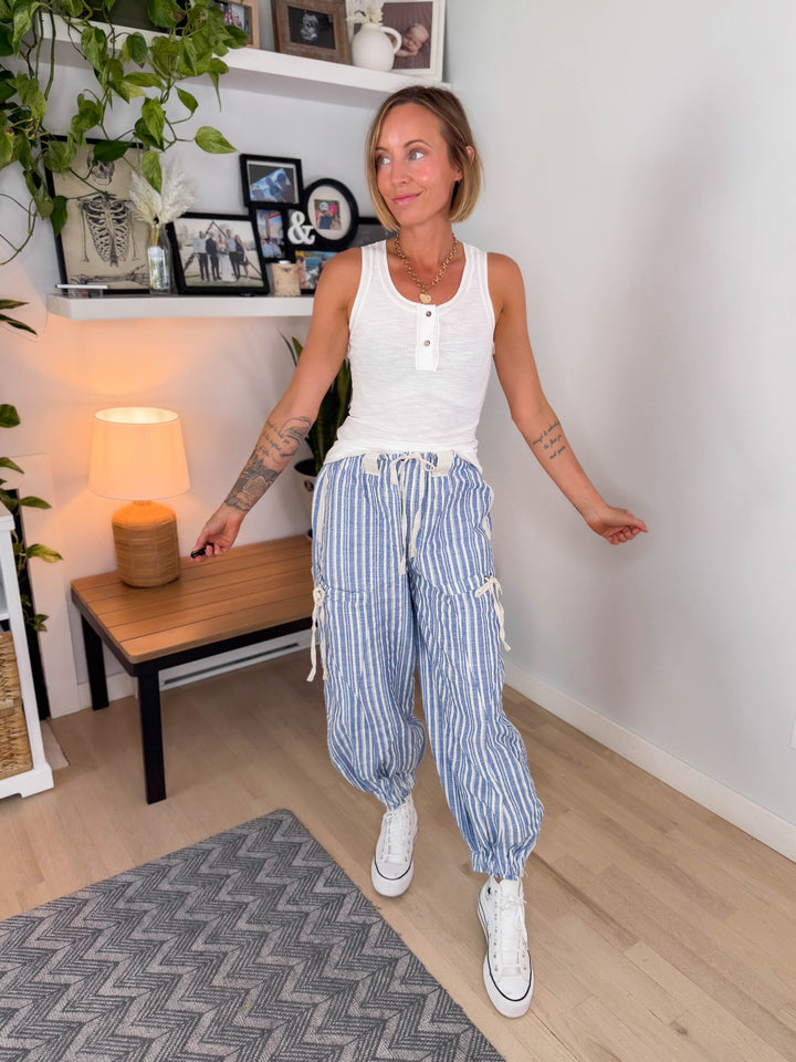 Paradise Palm Linen Blend Harem Jogger- COASTAL BLUE