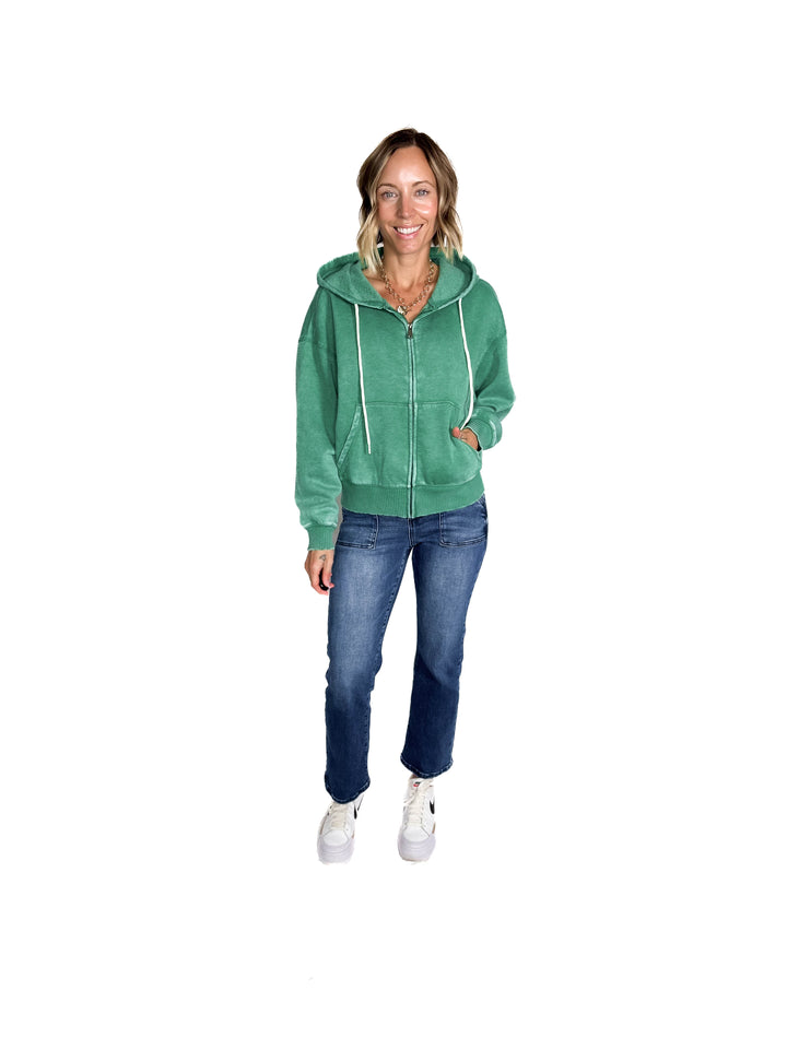 Muse Acid Wash Fleece Zip Up Hoodie- GREEN