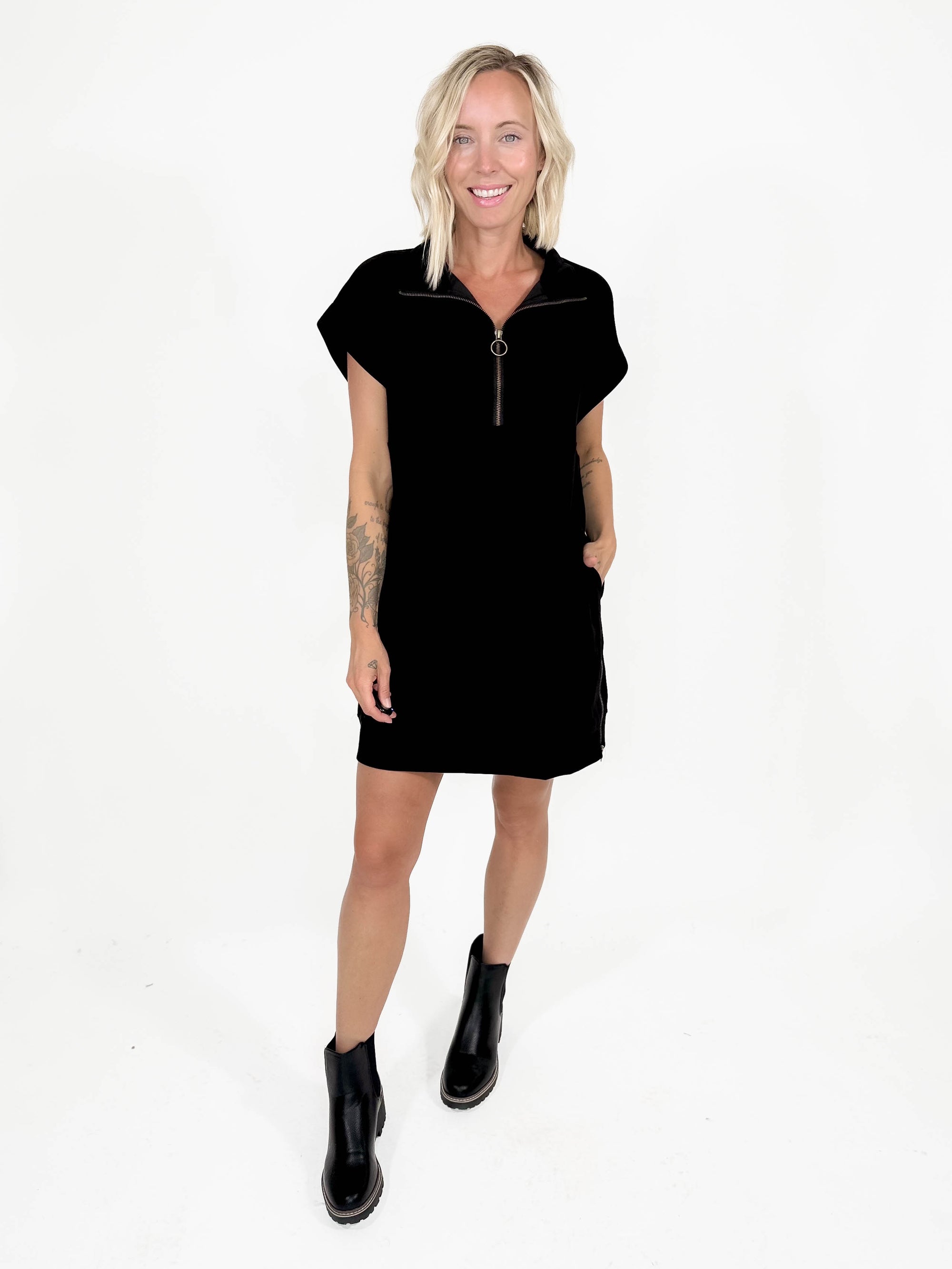 Wheat Fields 1/2 Zip Midi Dress- BLACK-FINAL SALE