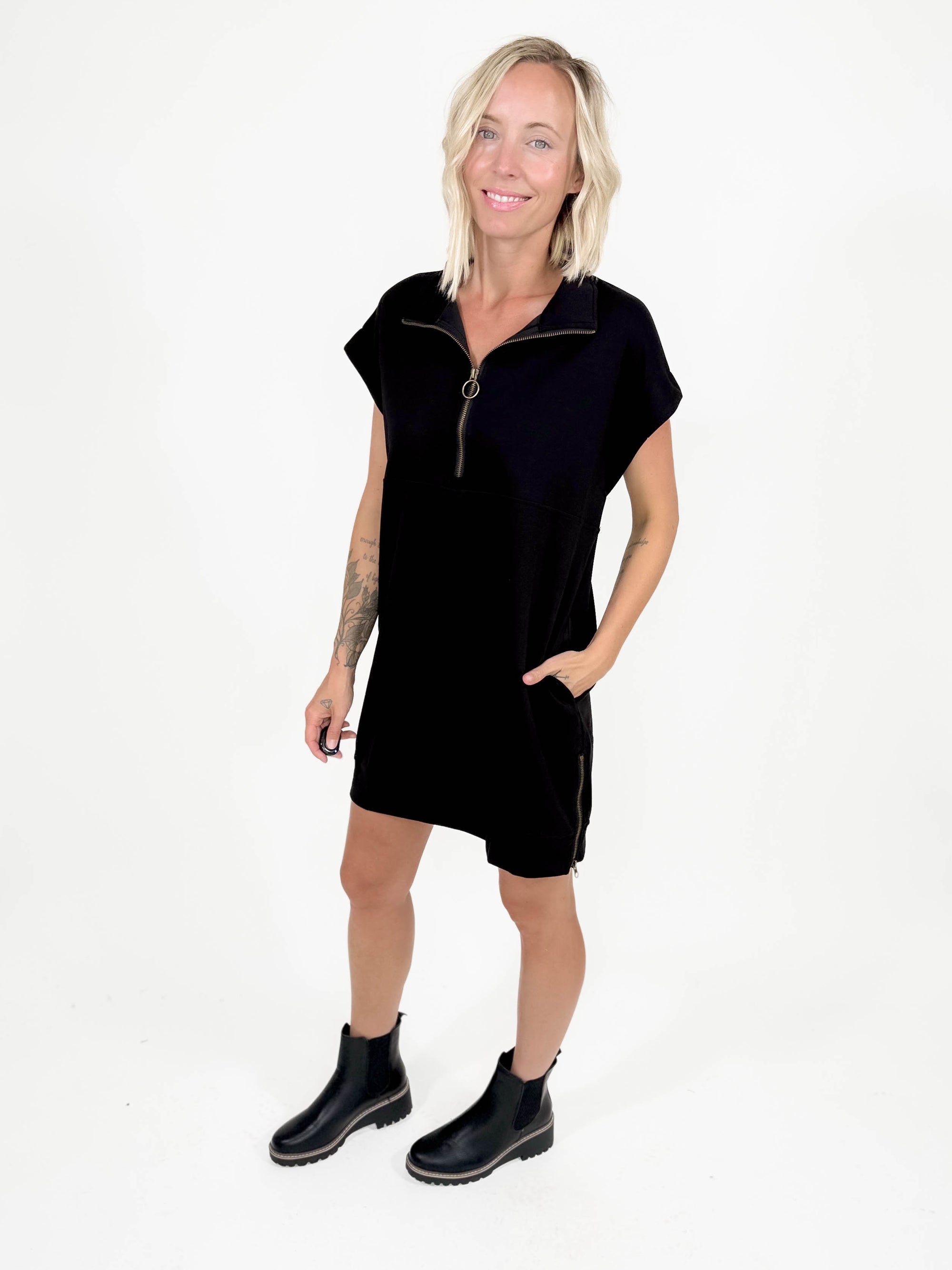 Wheat Fields 1/2 Zip Midi Dress- BLACK-FINAL SALE