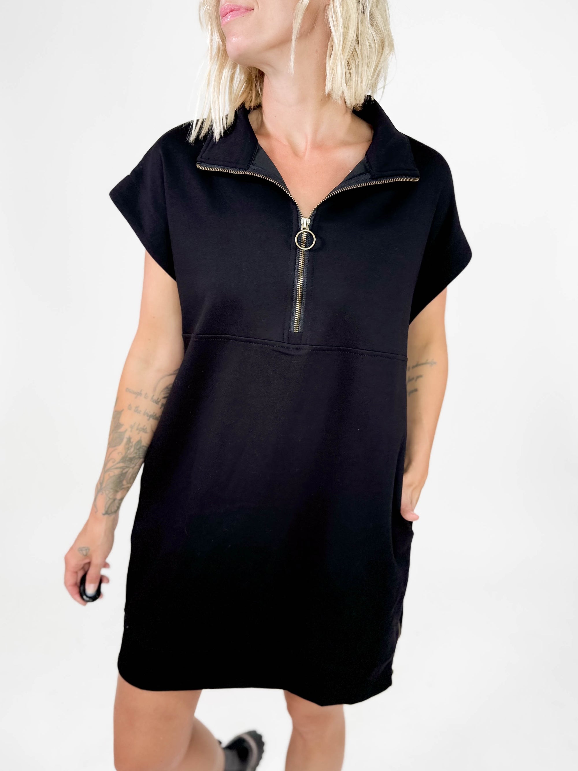 Wheat Fields 1/2 Zip Midi Dress- BLACK-FINAL SALE