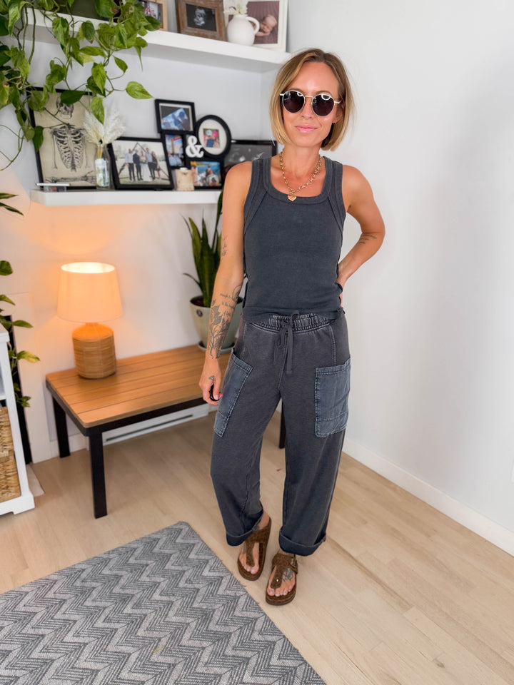 Sunlit Shore French Terry Top & Pant Set- WASHED BLACK