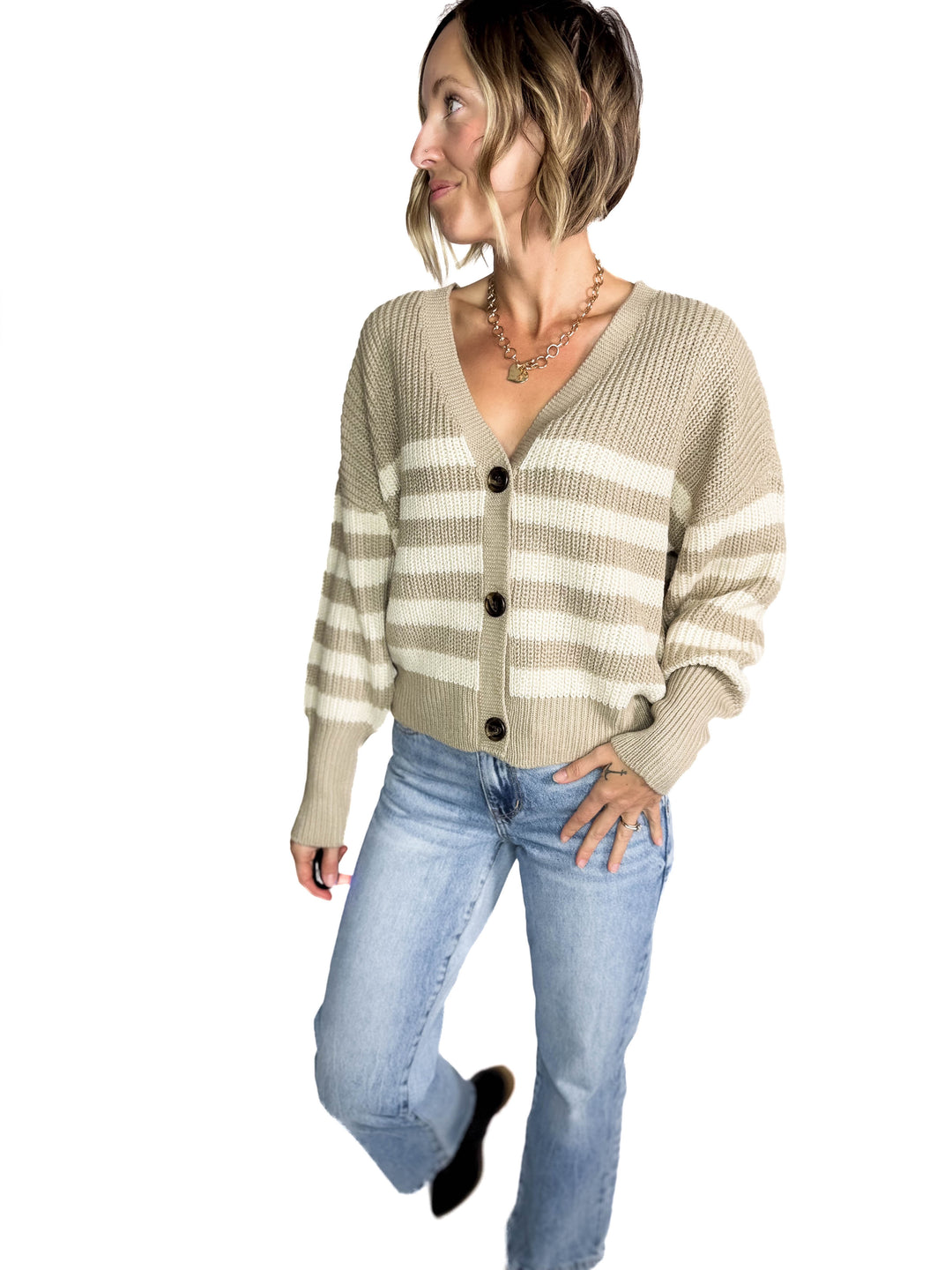 Vero Moda Kelsee Button Cardigan- MOON ROCK STRIPES-FINAL SALE