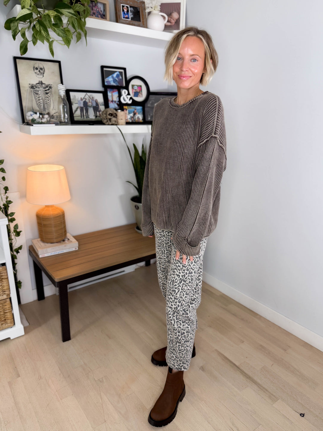 Melody Washed Cotton Ribbed Sweater- DARK BROWN