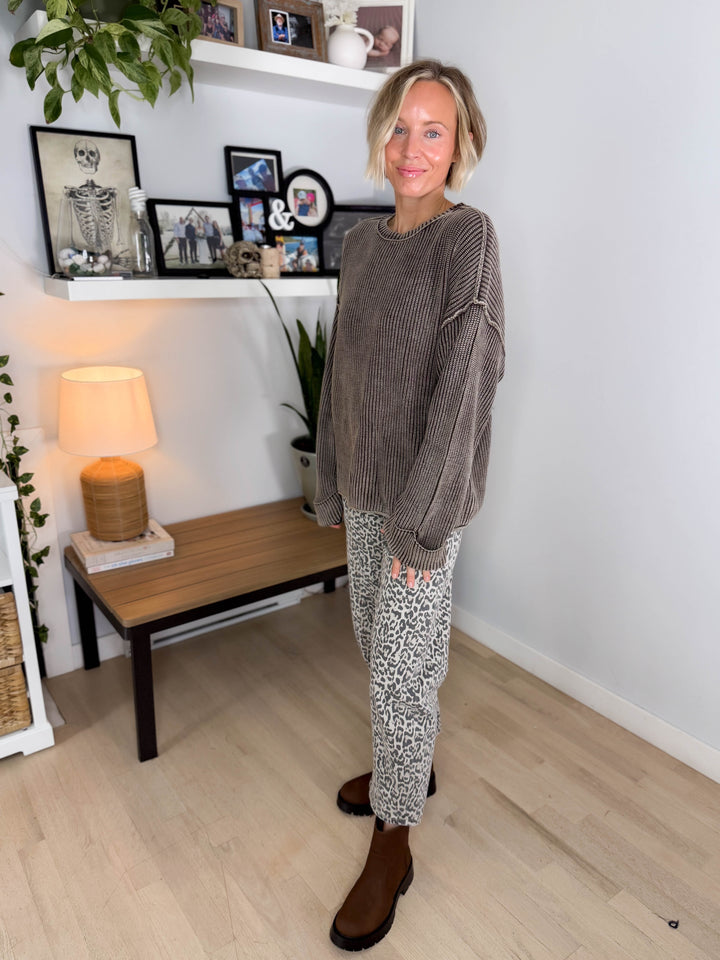 Melody Washed Cotton Ribbed Sweater- DARK BROWN