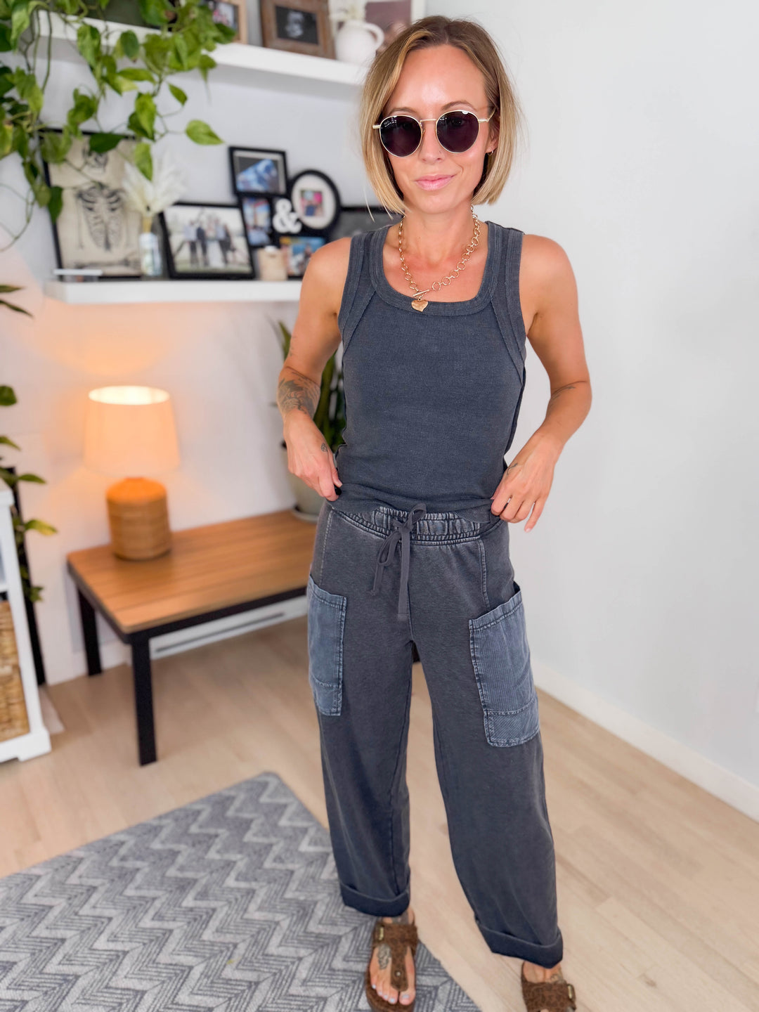 Sunlit Shore French Terry Top & Pant Set- WASHED BLACK